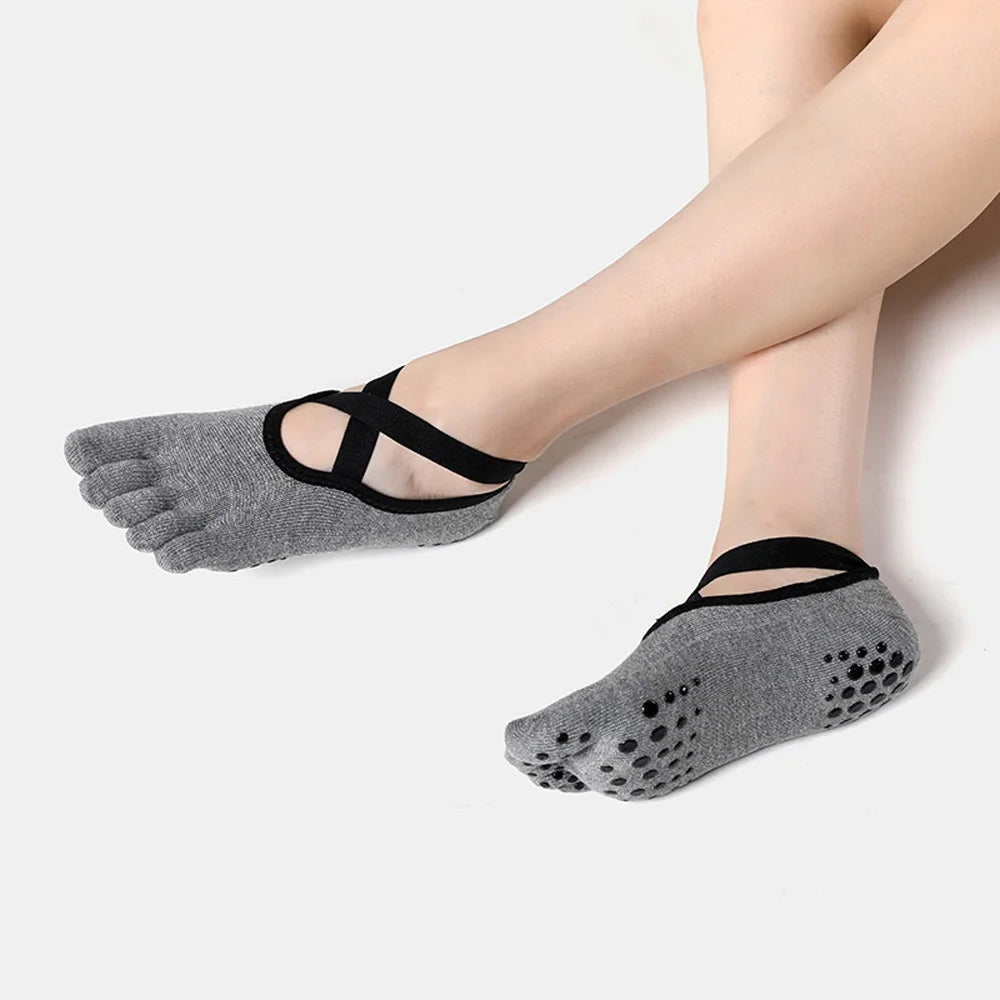 Chaussettes à orteils pour femmes avec bandes entièrement adhérentes et rayées – Chaussettes de Pilates, de yoga et de gym